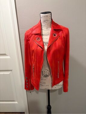 Red Leather Moto Jacket with Grommet Detail